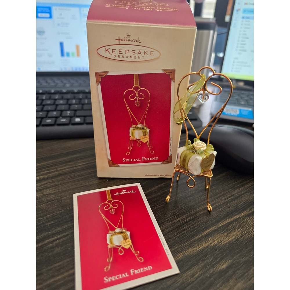 Hallmark Keepsake Ornament 2003 Special Friend Gold Wire‎ Chair Gift Box Heart